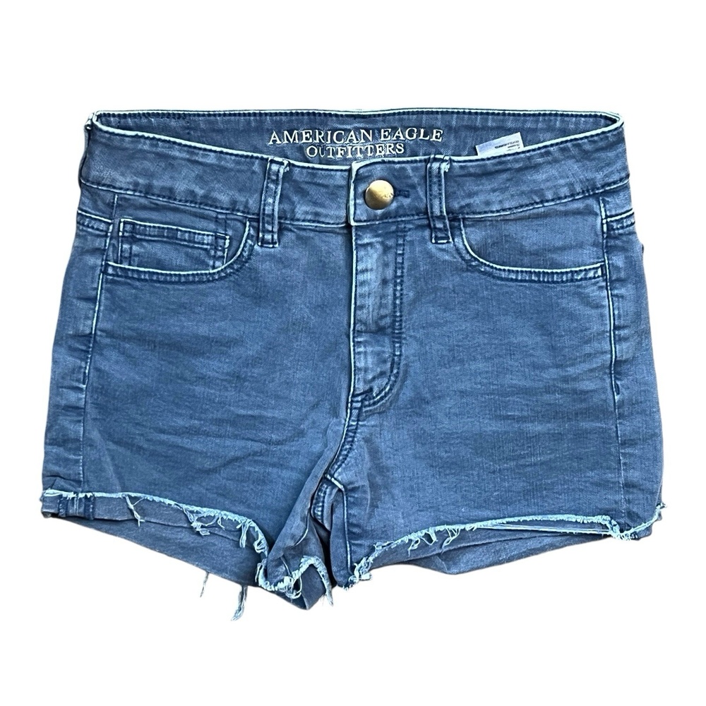 AEO Shorts Size 2 Blue Hi Rise Shortie Super Stretch Frayed Hem Logo Casual Chic